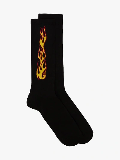 Shop Palm Angels Black Flame Intarsia Cotton Blend Socks