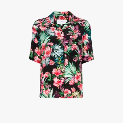 Shop Les Rêveries Tropical Flower Print Silk Shirt In Black