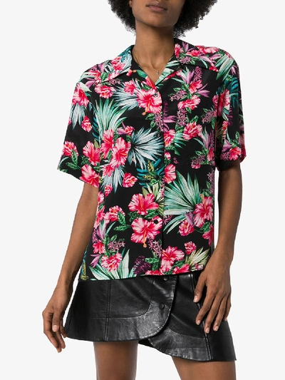 Shop Les Rêveries Tropical Flower Print Silk Shirt In Black