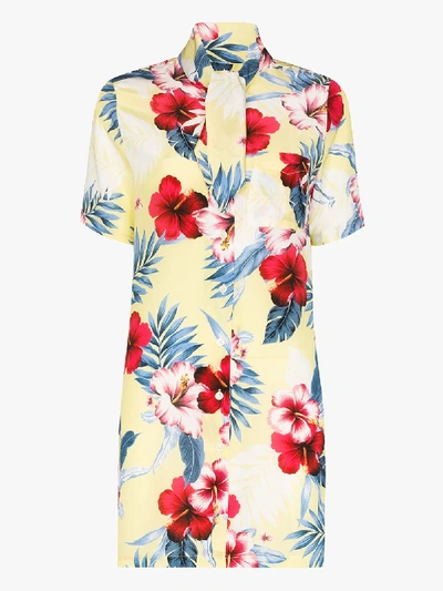 Shop Les Rêveries Tropical Flower Print Silk Dress In Yellow