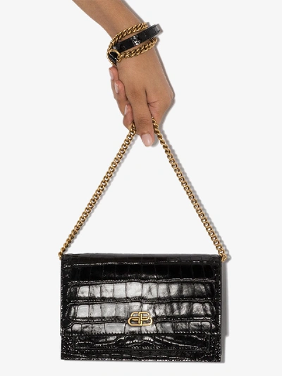 Shop Balenciaga Black Sharp Mock Croc Shoulder Bag