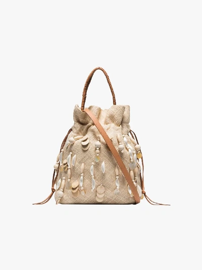 Shop Aranaz Neutral Oona Raffia Beaded Bag In Neutrals