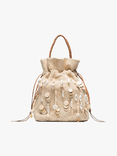 Shop Aranaz Neutral Oona Raffia Beaded Bag In Neutrals