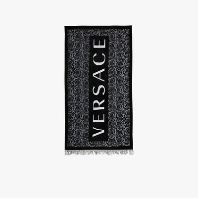 Shop Versace Black And White Logo Beach Towel