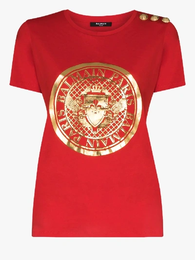 Shop Balmain Logo Print Cotton T-shirt In Red