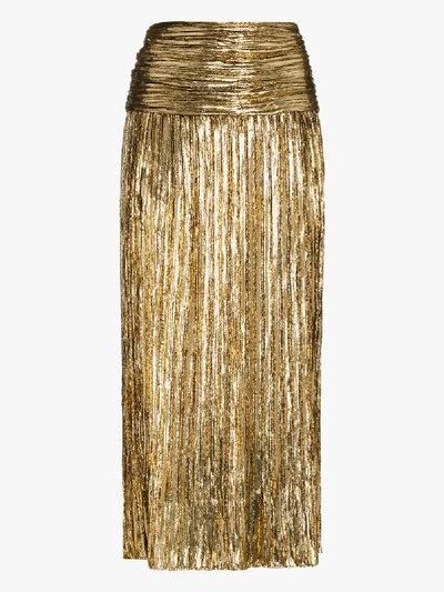 Shop Saint Laurent Metallic Plissé Midi Skirt In Gold