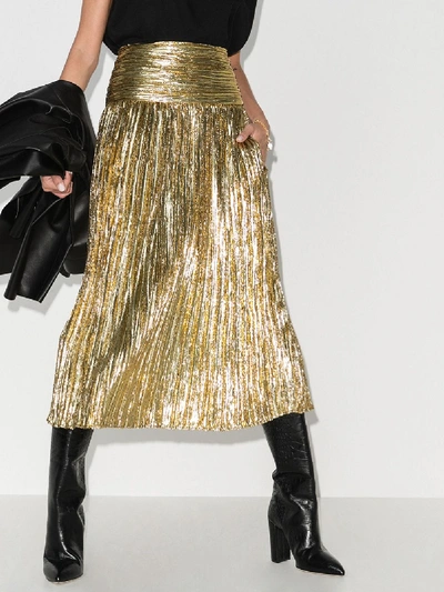 Shop Saint Laurent Metallic Plissé Midi Skirt In Gold