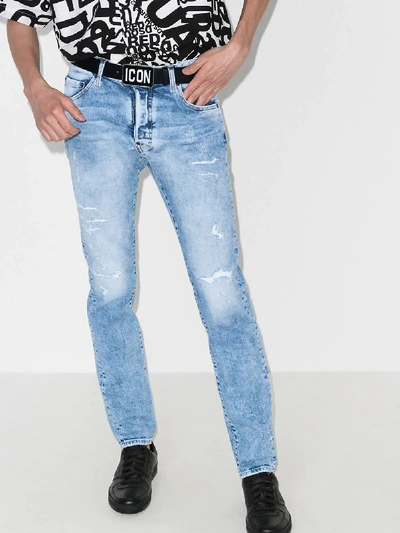 Shop Dsquared2 Distressed Straight Leg Jeans In Blue