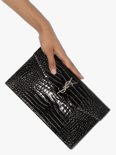 Shop Saint Laurent Black Uptown Mock Croc Leather Clutch Bag