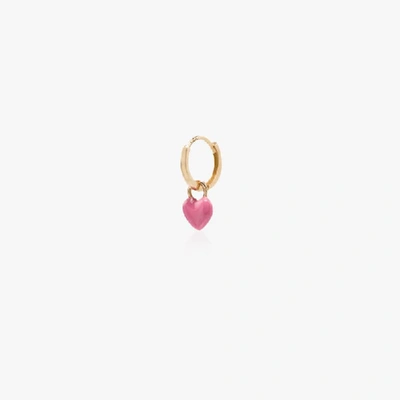 Shop Alison Lou 14k Yellow Gold Enamel Heart Huggy Hoop Earring In Pink/gold