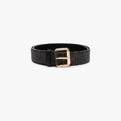 Shop Moschino Black Logo Print Leather Belt