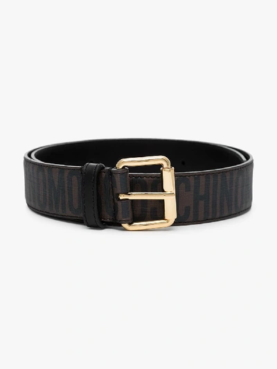 Shop Moschino Black Logo Print Leather Belt