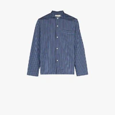 Shop Tekla Navy Striped Pajama Shirt In Blue
