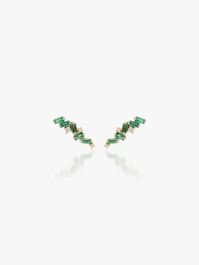 Suzanne Kalan 18kt Yellow Gold Emerald And Diamond Stud Earrings In Green