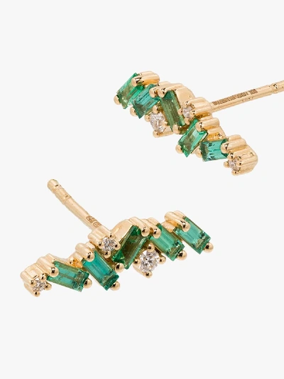 Suzanne Kalan 18kt Yellow Gold Emerald And Diamond Stud Earrings In Green