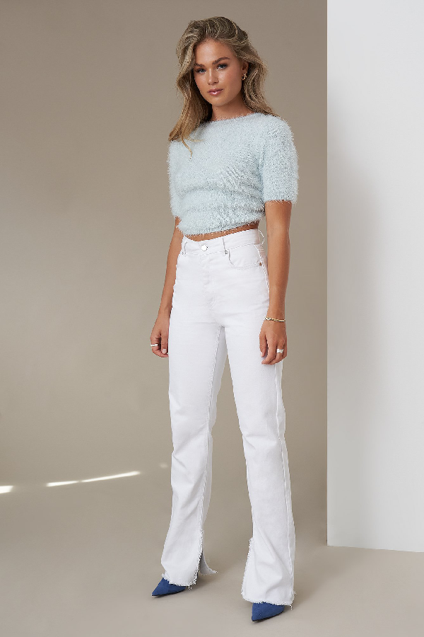 high waisted raw hem straight denim