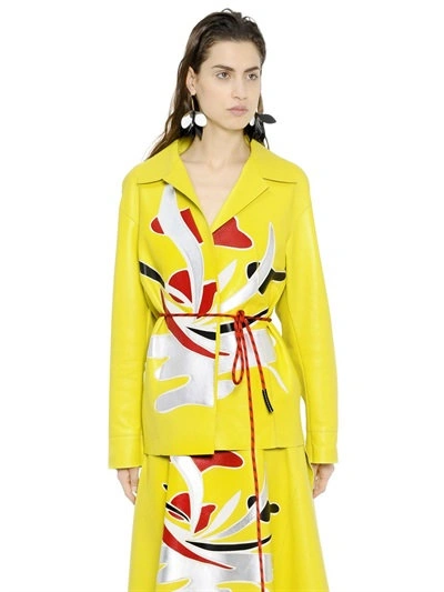 Marni Nappa Leather Jacket W/ Patchwork Detail In Yellow