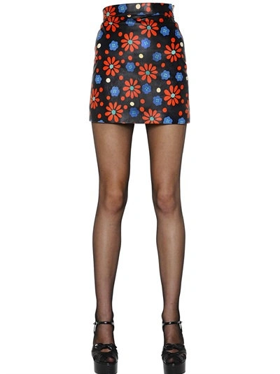 Saint Laurent Floral Printed Nappa Leather Mini Skirt In Black/multi