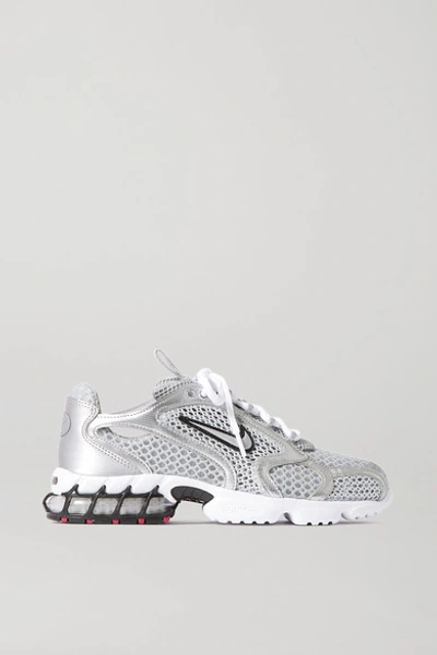 Shop Nike Air Zoom Spiridon Cage 2 Metallic Faux Leather-trimmed Mesh Sneakers In Silver