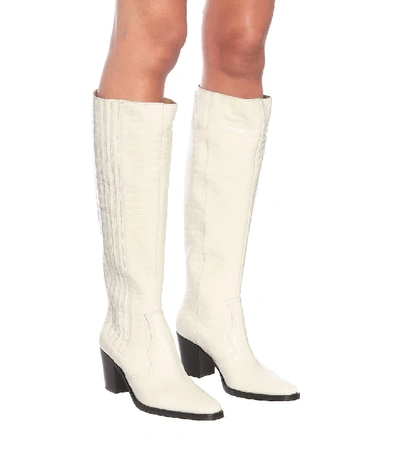 Shop Ganni Western Leather Knee-high Boots In White