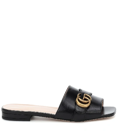 Shop Gucci Double G Leather Slides In Black