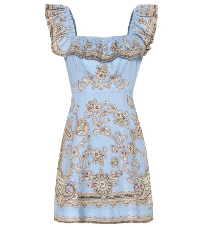 Shop Zimmermann Fiesta Paisley Linen Minidress In Blue