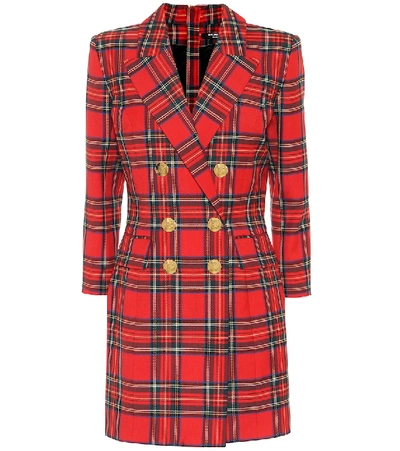 Shop Balmain Checked Stretch-wool Minidress In Red