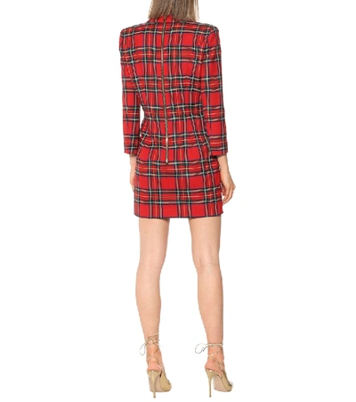 Shop Balmain Checked Stretch-wool Minidress In Red