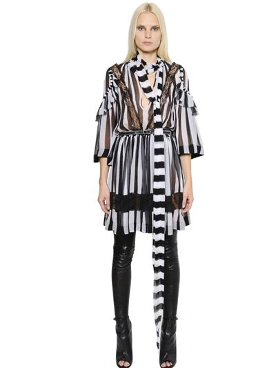 Givenchy Lace Inserts Striped Silk Crepon Dress In Black/white