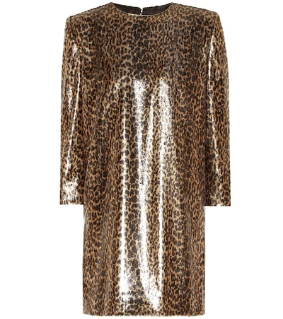 Shop Saint Laurent Leopard-print Minidress In Brown