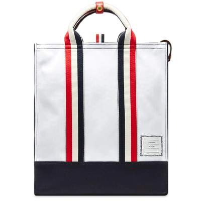 Shop Thom Browne Canvas & Pebble Grain Leather Lined Tote In White