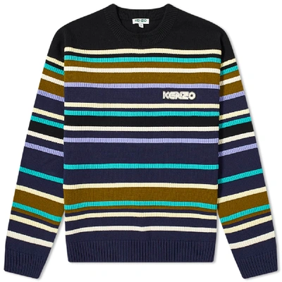 Shop Kenzo Striped Logo Knit Jumper In Blue