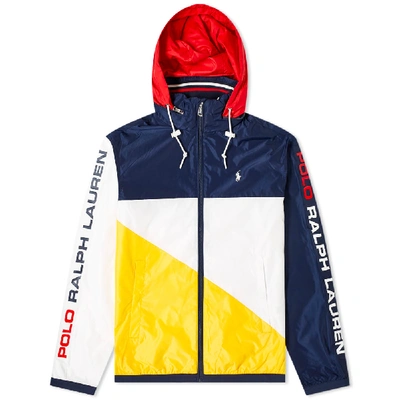 Shop Polo Ralph Lauren Colour Block Taped Logo Hooded Windbreaker In Multi