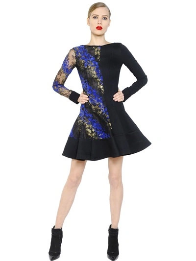 Antonio Berardi Flocked Lace & Cady Dress In Black/blue