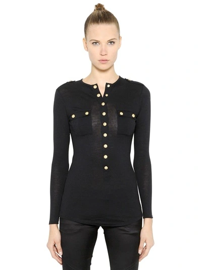 Shop Balmain Wool Jersey Long Sleeve T-shirt, Black