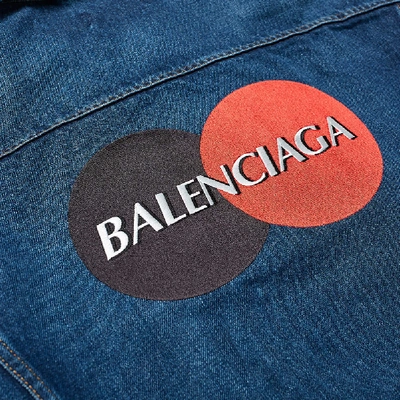 Shop Balenciaga Embroidered Credit Card Logo Denim Jacket In Blue