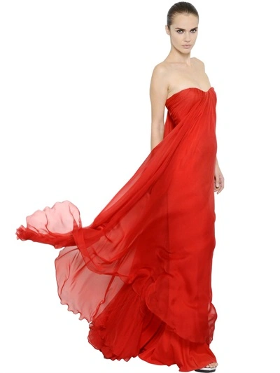 Alexander Mcqueen Draped Silk Chiffon Bustier Dress, Red