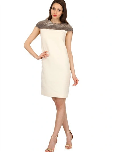 Shop Bally Wool Blend Gauze & Snakeskin Dress In Off White