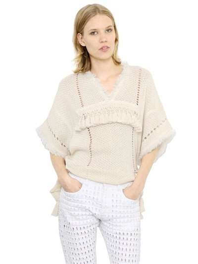 Isabel Marant Fringed Short Sleeve Cotton Sweater In Ivory