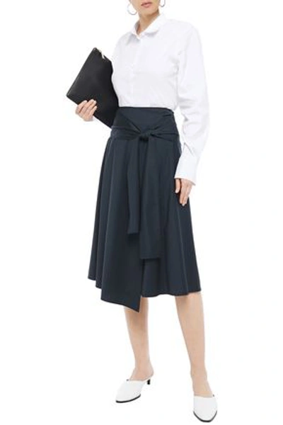 Shop Joseph Wrap-effect Pinstriped Wool-blend Twill Midi Skirt In Navy