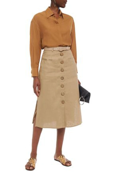 Shop Nicholas Belted Linen Midi Skirt In Sand