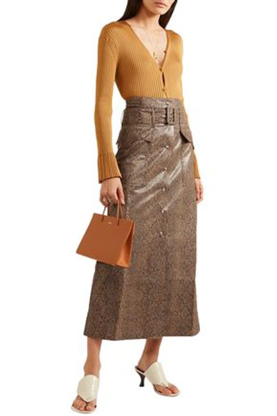 Shop Nanushka Aarohi Belted Snake-effect Vegan Leather Midi Skirt In Animal Print