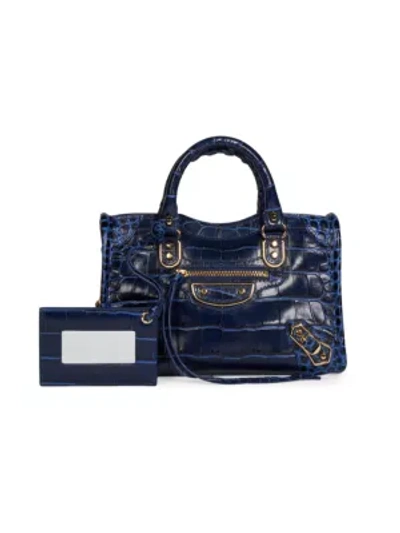 Shop Balenciaga Small City Croc-embossed Leather Satchel In Navy Croc