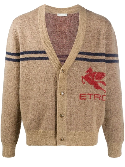 Shop Etro V-neck Logo Cardigan In Brown