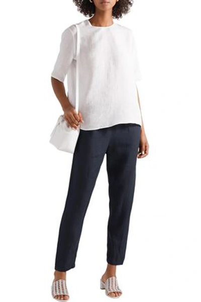 Shop Mansur Gavriel Cropped Linen Tapered Pants In Midnight Blue