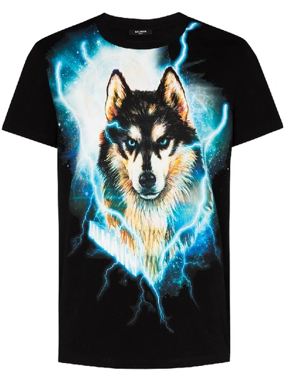Shop Balmain Wolf Print T-shirt In Black