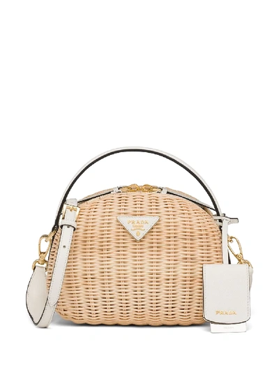 Shop Prada Odette Wicker Shoulder Bag In Neutrals