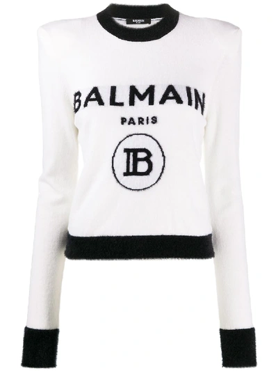 Shop Balmain Logo-jacquard Shoulder-pad Jumper In White