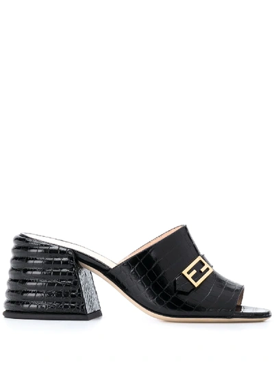 Shop Fendi Promenade Crocodile-embossed Mules In Black