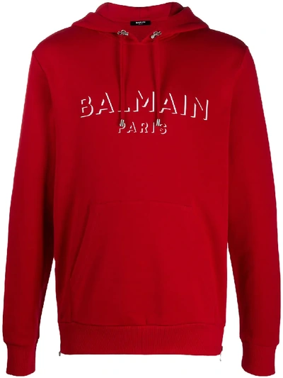 Shop Balmain Logo Print Hooded Sweatshirt In Red